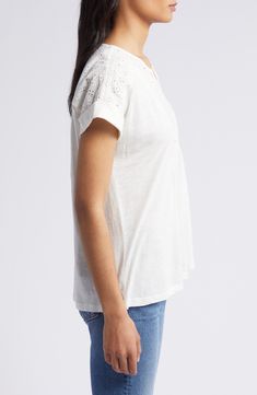 An airy openwork design tops this floaty top perfect for when the weather warms up. 24 1/2" length (size medium) Split neck Short sleeves 60% cotton, 40% modal with 100% cotton contrast Machine wash, tumble dry Imported Relaxed Fit V-neck Pointelle Knit Top, Casual V-neck Eyelet Blouse, Breezy Short Sleeve Cotton Blouse, Breezy Cotton Short Sleeve Blouse, Breezy Relaxed Fit Vacation Tops, Breezy Relaxed Fit Top For Vacation, Breezy Cotton Top For Day Out, Relaxed Fit Eyelet Tops For Daywear, Eyelet Tops With Relaxed Fit For Daywear