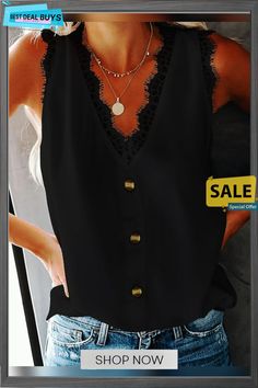 Women's Tank Top Black White Plain Button Lace Trims Sleeveless Casual Basic V Neck Regular S Black Summer Tank Top With Button Closure, Black Button Closure Tank Top For Summer, Black Casual Buttoned Tank Top, Casual Black Buttoned Tank Top, Casual Black Tank Top With Button Closure, Black Buttoned Summer Vest, Black Buttoned Vest For Summer, Sleeveless Tank Top With Button Closure, Black Sleeveless Blouse With Button Closure