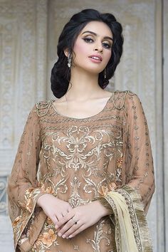 Party Dress Indian, Brown Party Dress, Brown Chiffon Dress, Party Wear Pakistani, Dress For Party, Pakistani Salwar Kameez, Chiffon Collection, Dress Indian, Silk Trousers