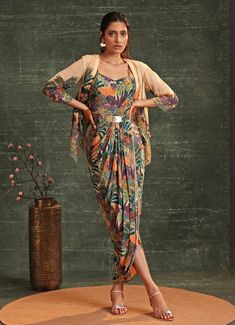 Beige Printed Crepe Draped Dress With Jacket Soup By Sougat Paul - Fabilicious Fashion Beige Drapes, Fusion Wear, Dress With Jacket, Printed Jacket, Indian Wedding Wear, Beige Dress, Designer Jumpsuits, Tropical Dress, Skirt Co Ord