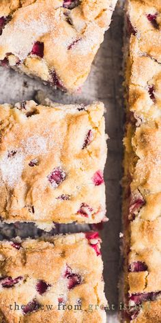 a rhubarb coffee cake, sliced into squares Homestead Products, Easy Rhubarb Recipes, Rhubarb Desserts Recipes, Rhubarb Dessert, Rhubarb Cake Recipes