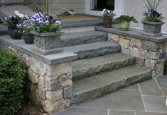 some plants are growing on the steps in front of a house with stone walls and stairs