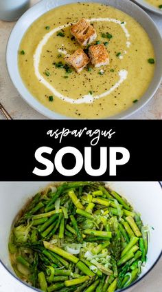 asparagus soup in a white bowl with green vegetables and croutons