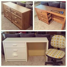 three different pictures of an office desk and chair