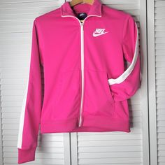 In Perfect Condition- Never Worn Hit Pink In Color With White Accents Full Zip Closure Two Hand Pockets Polyester Bust- 18 Inches Across Length- 23 Inches Women's Size X-Small Bundle & Save - Shipped Within 24 Hours White Nike Hoodie, Nike Pullover Hoodie, Funnel Neck Hoodie, Running Hoodie, Tops Nike, Nike Fit, Athletic Sweatshirts, Nike Pullover, White Halter Maxi Dress