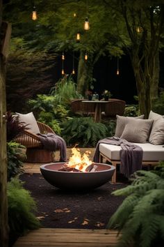 a fire pit sitting in the middle of a lush green forest