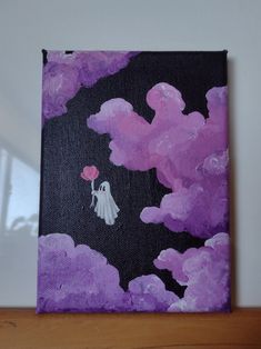 a painting with clouds and a ghost holding a pink heart in the air on a black background