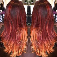 Red Ombre Hair Color, Red And Orange Hair, Hair Color Red Ombre, Red And Blonde, Blonde Ombre Hair, Ombre Hair Color Ideas, Brunette Hair Cuts, Best Ombre Hair, Red Blonde