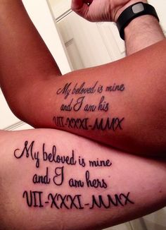 two people with tattoos on their legs and the words my beloved is mine, i am his