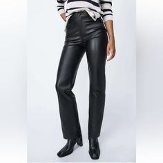 New With Tags 2090/967 Price Is Firm Measurements Waist: 33” Rise: 12” Thigh Circumference: 22” Leg Opening: 19” Inseam: 31.5” High-Waist Trousers With A Five-Pocket Design. Faux Leather. Zip Fly And Button #Mm040 Price Is Firm Leather Trousers Outfit, Red Cargo Pants, Zara Leather Pants, Fitted Slacks, Faux Leather Trousers, Leather Shirt Dress, Zara Trousers, Basic Black Dress, Black Dress Trousers