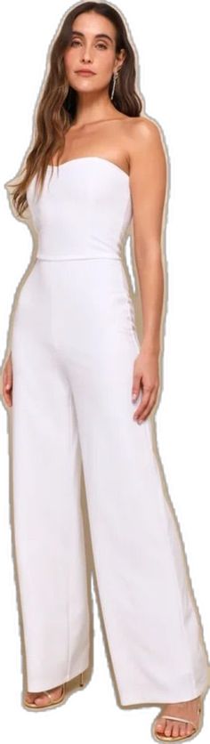 White Strapless Jumpsuit For Spring Date Night, White Fitted Strapless Jumpsuit With Wide Leg, White Fitted Strapless Jumpsuit For Date Night, White High-waisted Strapless Jumpsuit For Spring, White High Waist Strapless Jumpsuit For Spring, Fitted White Strapless Jumpsuit For Spring, White High-waisted Strapless Jumpsuit For Night Out, Spring White Stretch Strapless Jumpsuit, White Strapless Stretch Jumpsuit For Spring