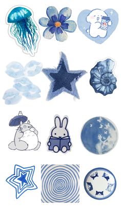 some blue and white stickers on a white surface with an image of jellyfish