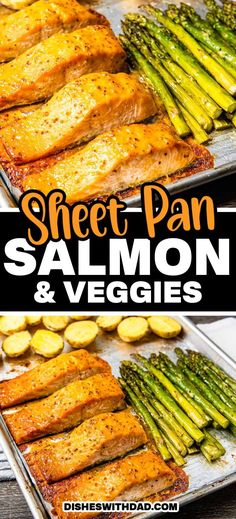 sheet pan salmon and veggies with text overlay