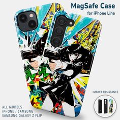 the back and sides of an iphone case with comic art on it, featuring two people holding