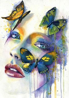 a woman's face with butterflies on her head and the image is painted in watercolor