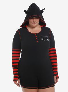 Channel the coolest and strangest girl in town! This Emily the Strange romper features Sabbath printed at the chest  plus Emily and her cats on the back with a punk-style graphic. Comes with black and red stripe long-sleeves with thumbholes  and a hood with 3D plush cat ear detailing. Complete with functional buttons at the neckline.60% cotton; 35% polyester; 5% spandexWash cold; dry lowImportedModel is 5'9''Model wears size 1 Romper Plus Size, Emily The Strange, Blue Beetle, The Big Lebowski, Cat Ear, Lady And The Tramp, Retro Tv, Punk Style, Red Stripe