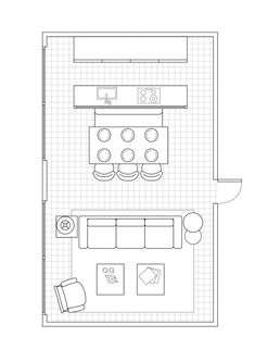 a drawing of a living room and kitchen