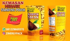 two bags of food sitting next to each other on a yellow background with the words kermisan menark standing pouch