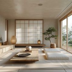 a living room filled with lots of furniture next to large windows and a potted plant