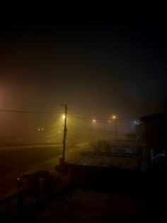 foggy night with street lights in the distance