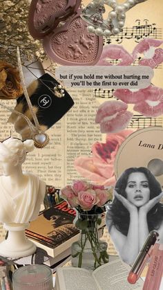 a collage with pink roses, lipstick, and other things on it's surface