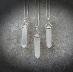 Selenite gemstone point. Sterling silver genuine white selenite point pendant, add a sterling silver chain or cord of your choice in style and length. Such a great layering necklace. This necklace comes in several different gemstones (see listing links below) so you can pick your favorite. They're all so gorgeous, it's hard to chose just one. For size and details please see description below.  ----------------------------------------------------------------------- 📌ITEM DESCRIPTION: STONE: Sele Selenite Jewelry, Selenite Necklace, Cleansing Stones, Gemstone Properties, Protection Necklace, Layering Necklace, Healing Crystal, Pendant Set, Sterling Silver Chain