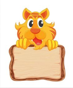 a cartoon cat holding a wooden sign with his paws on it's chest and smiling