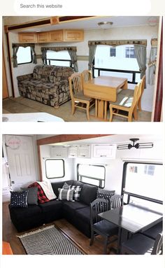 two pictures of a living room and dining area in a mobile home, with the same furniture