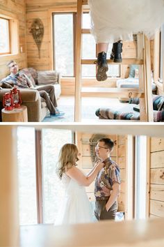 the bride and groom are getting ready to go into their wedding day at the cabin