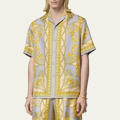 Versace camp shirt in silk twill with allover Barocco print Iconic "Cup of the Gods" print at back Notched collar Button closure Short sleeves Relaxed fit Silk Dry clean Made in Italy Camp Shirt, Silk Twill, Versace Men, Notched Collar, Camping Shirt, Versace, Tops Designs, In Italy, Dry Clean