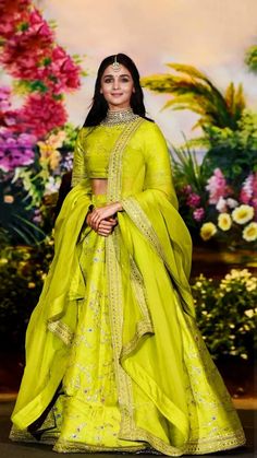 Diwali Dresses For Women, Green Lehengas, Diwali Dress, Diwali Dresses, Mehendi Ceremony, Lehenga Saree Design, Mehendi Outfits, Yellow Lehenga