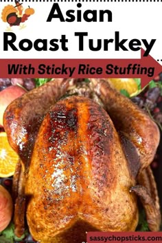 This recipe takes the classic Thanksgiving dinner and infuses it with the bold flavors of Asian cuisine. Furthermore, the sticky rice stuffing adds an extra texture and flavor to this already delectable dish. Rice Stuffing Recipes, Butter Herb, Rice Stuffing, Roast Turkey Recipes, Seasoned Veggies, Holiday Turkey, Chinese Cooking Recipes, Holiday Meal, Turkey Dinner