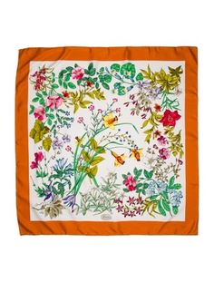 Gucci Silk ScarfOrangeFlora PrintFeaturing Hand-Rolled Edges Gucci Mystic Cat Print Silk, Gucci Raw Textile, Designer Gucci Silk Scarves, Silk Scarf Design, Gucci Floral, Gucci Scarf, Flora Print, Silk Twill Scarf, Floral Silk Scarf