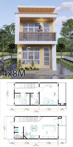 two story house plan with 3 bedroom and 2 bathrooms in the front, an open floor plan