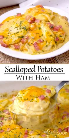 two pictures of potatoes with ham and cheese in a white casserole dish on a wooden table