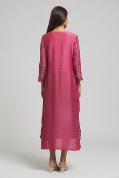 French pink shrug with cutdana sequin embroidered floral jaal. Comes with contrast blue inner kurta. - Aza Fashions Chanderi Palazzo Set With Resham Embroidery And Long Sleeves, Silk Palazzo Set With Chikankari Embroidery And Long Sleeves, Silk Long Sleeve Palazzo Set With Chikankari Embroidery, Slub Silk Long Sleeve Palazzo Set With Resham Embroidery, Slub Silk Long Sleeve Kurta With Dori Work, Chikankari Embroidery Long Sleeve Slub Silk Sets, Long Sleeve Slub Silk Kurta With Dori Work, Long Sleeve Chanderi Salwar Kameez With Dori Work, Slub Silk Kurta With Dori Work And Long Sleeves