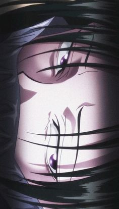 an anime character with purple eyes and black hair looking at the camera from behind her