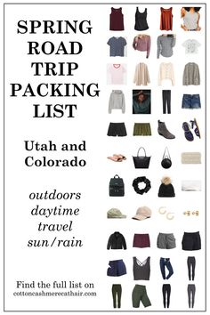 the spring road trip packing list includes clothes, shoes and clothing items for each traveler