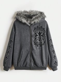 Women's Plus Size Rhinestone Decor Spliced Hoodie, School Dark Grey Casual  Long Sleeve Knitted Fabric Graphic Zip Up Slight Stretch  Women Plus Clothing, size features are:Bust: ,Length: ,Sleeve Length: Hoodie Design Aesthetic, Romwe Fairycore, Grunge Zip Up Hoodie, Emo Hoodie, Revenge Clothing, Plus Size Rhinestone, Affliction Clothing, Sick Clothes, Swag Ideas