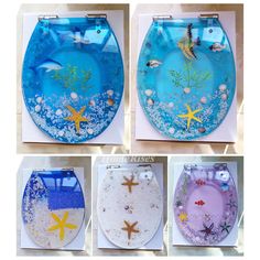 four pictures of different colored toilet seats with sea life designs on the sides and bottom