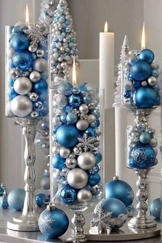 blue and silver christmas decorations with candles