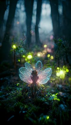 a fairy in the woods surrounded by lights