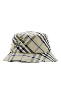 A segmented EKD appliqué camouflages itself against Burberry's iconic check patterning woven into this twill bucket hat. 66% polyester, 34% cotton Made in Italy Designer Adjustable Bucket Hat With Curved Brim, Check Pattern, Camouflage, Bucket Hat, Burberry, In Italy, Nordstrom, Italy, Hats