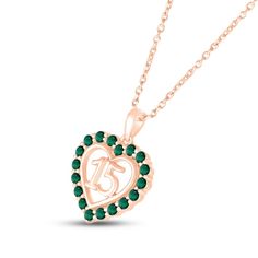 A stunning surprise for the birthday girl, this 10K rose gold Quinceañera necklace features a heart with the number 15 at the center. Bright lab-created emeralds trace the heart, making the necklace an ideal gift for a May birthday. The pendant sways from an 18-inch cable chain that secures with a spring-ring clasp. Quinceañera Necklace, Quinceanera Necklace, Rose Gold Quinceanera, Number 15, May Birthday, Lab Created Emerald, Birthday Girl, Quinceanera, Spring Rings