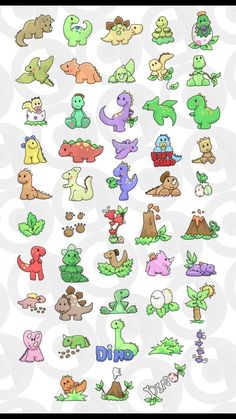 a bunch of different cartoon animals on a white background with the words dino written in it