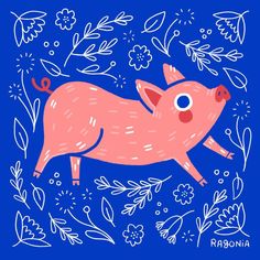 a pink pig with blue eyes is in the middle of flowers and leaves on a blue background