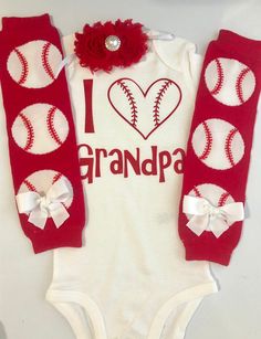 "*CURRENT PROCESSING TIME: 3-6 business days before shipment* This is a perfect outfit for Father's day for your tiny little baseball fan! :) CHOOSE from one or all 3 pieces from the drop-down bar. If you choose \"FULL 3 piece set\", you will receive: bodysuit, headband and legwarmers. PIECES MAY INCLUDE: (you will choose your pieces from drop-down bar) 1. LONG OR SHORT SLEEVED \"I (heart) Grandpa\" bodysuit. 2. Coordinating baseball legwarmers adorned with a white bow on each. PLEASE NOTE: size Girls Baseball Outfit, Baseball Kids, Baby Baseball, Baseball Girls, Baseball Baby, Shabby Flowers, Baseball Outfit, Volleyball Outfits, Baby Girl Outfit