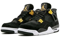 The Air Jordan 4 Retro 'Royalty' sneakers are the perfect blend of style and comfort. The black suede upper and metallic gold accents give these shoes a luxurious look, while the polyurethane midsole provides lightweight cushioning. The herringbone traction pattern on the rubber outsole ensures optimum grip, making these shoes ideal for both casual and athletic wear. (AJ4/SNKR/Men's/Low Top/Basketball) Jordan 4 Retro Royalty, Air Jordan 4 Royalty, Sneakers Trending, Shoes Trending, Air Jordan Iv, Jordan Iv, Lv Sneakers, Women Basketball, Jordan Retro 4