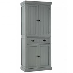 a tall gray cabinet with two doors and drawers on the bottom shelf, in front of a white background