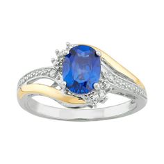 This cocktail style ring is created in sterling silver and 10Kt yellow gold. At the center of this ring, an 8mmx6mm oval created blue sapphire stone is securely set by prongs and further enhanced by round diamonds on both sides. This ring is crafted in a high polish finish and contains a total of four diamonds. The swirl design of this item gives it an elegant and classy feminine look. Wear it alone as an everyday favorite or with other jewelry pieces. Perfect for September birthdays. Matching p Classy Feminine, Blue Sapphire Stone, Diamond Accent Ring, Swirl Design, Sapphire Stone, Sapphire Diamond, Blue Sapphire, Women Rings, Round Diamonds